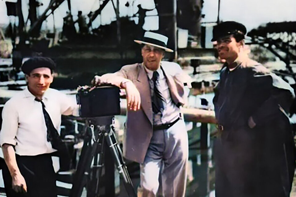 Gumer Barreiros, José A. Ferreyra y José Gola durante la filmación de Puente Alsina (1935)