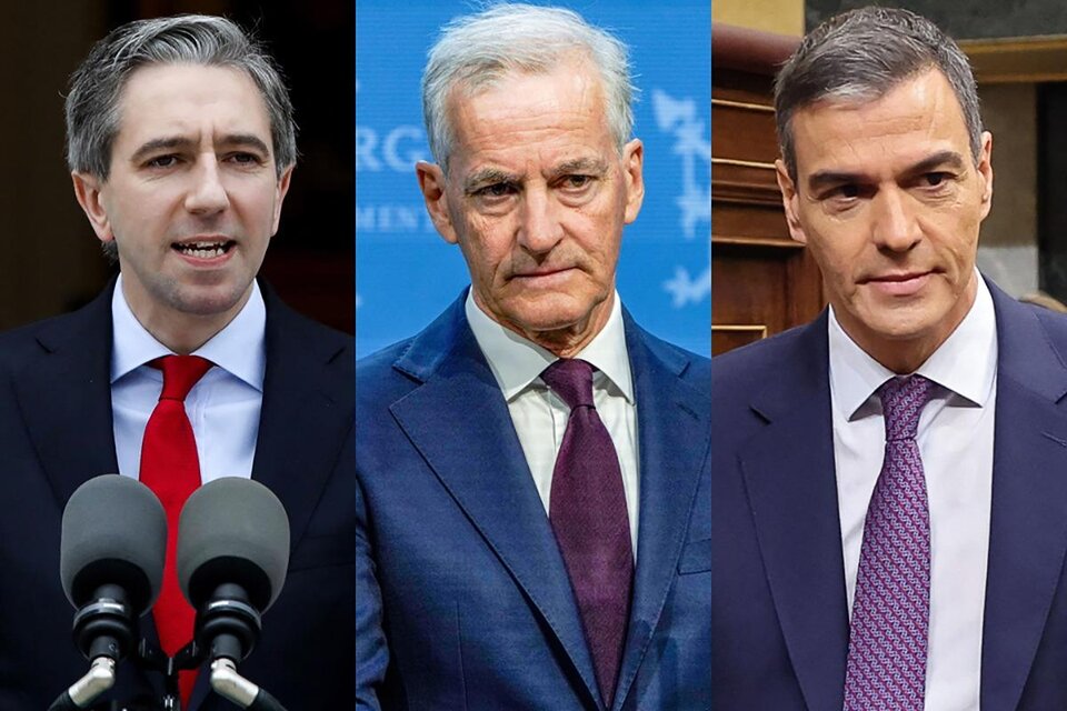 Simon Harris,Primer Ministro de Irlanda, Jonas Gahr, Primer Ministro de Noruega y Pedro Sánchez, presidente de España. (Fuente: AFP)