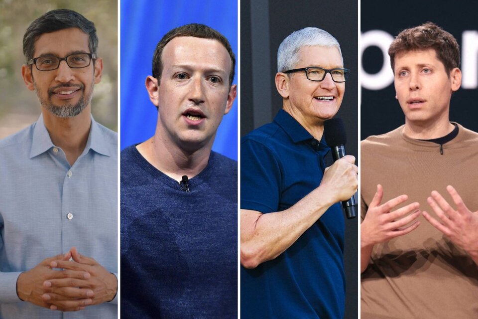 Sundar Pichai, Mark Zuckerberg, Timothy Cook y Sam Altman (Fuente: Collage de fotos)