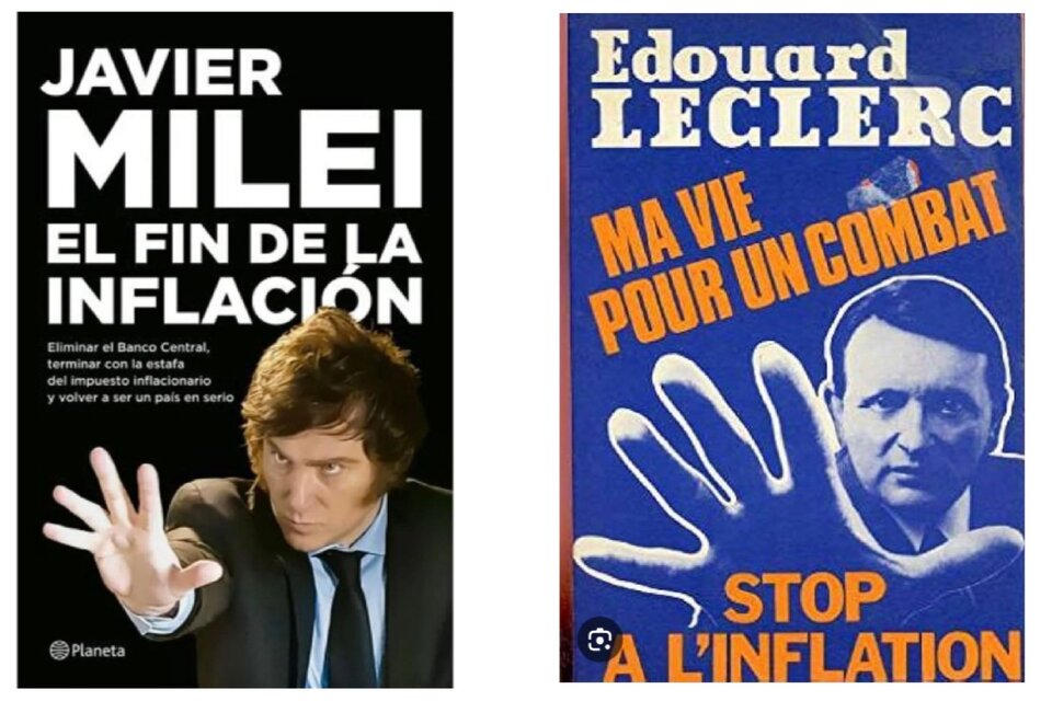 La portada del libro de Mlei y la del empresario francés Édouard Leclerc. 