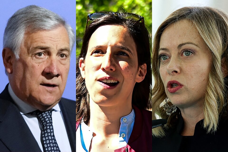 Antonio Tajani, Elly Schlein y Giorgia Melon. (Fuente: AFP)