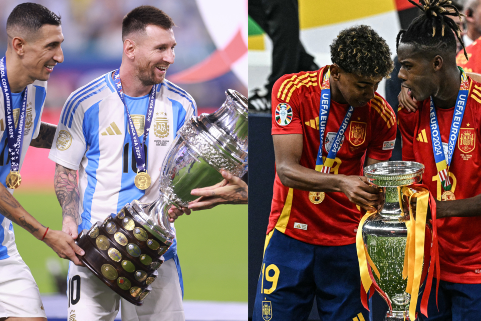 Di María y Messi con la Copa América. Lamine Yamal y Niko Williams con la Eurocopa. (Fuente: AFP)