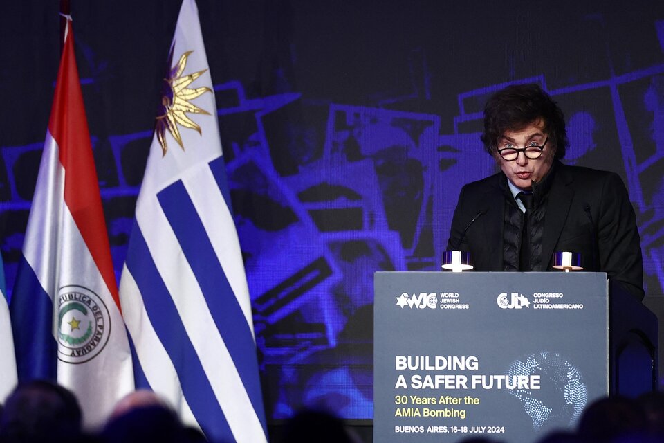 El libertario en una conferencia organizada por el Congreso Judío Mundial. (Fuente: AFP)