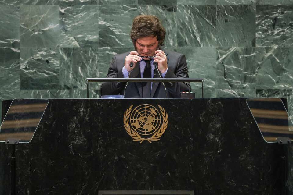 Javier Milei mientras dirige la palabra a la Asamblea General de la ONU. (Fuente: AFP)