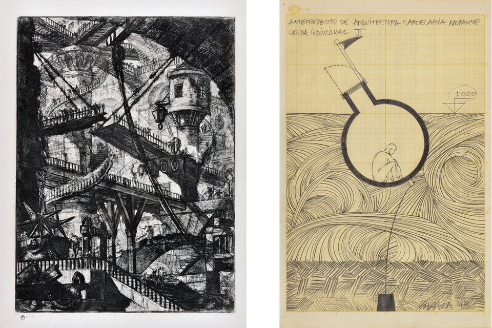 Estampa de Piranesi (s.XVII) y Anteproyecto de Zabala (1973). Abajo: Vista parcial de la muestra. Fotos Gentileza MNBA