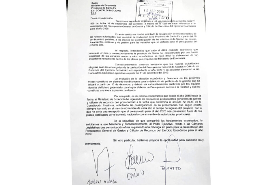 El pedido firmado por Calvo, Bussato y Michlig.