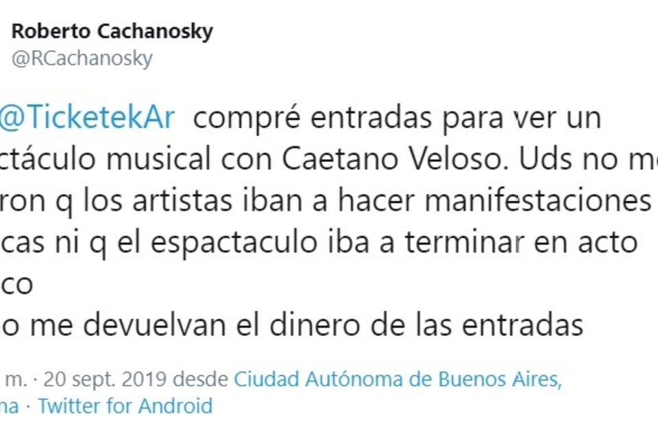 Tiketek, intimada por Cachanosky, vía Twitter, a devolver el dinero de la entrada de un show que no se interrumpió.  (Fuente: Twitter)