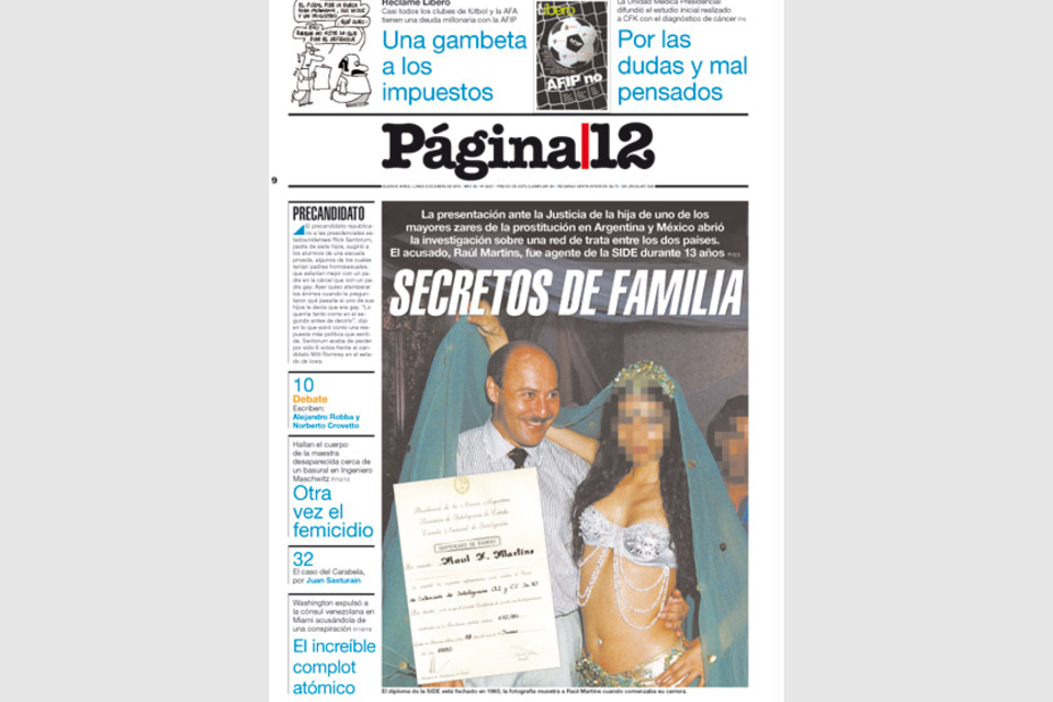 La tapa de Página/12 del 12 de enero de 2012 con la denuncia de Lorena Martins.