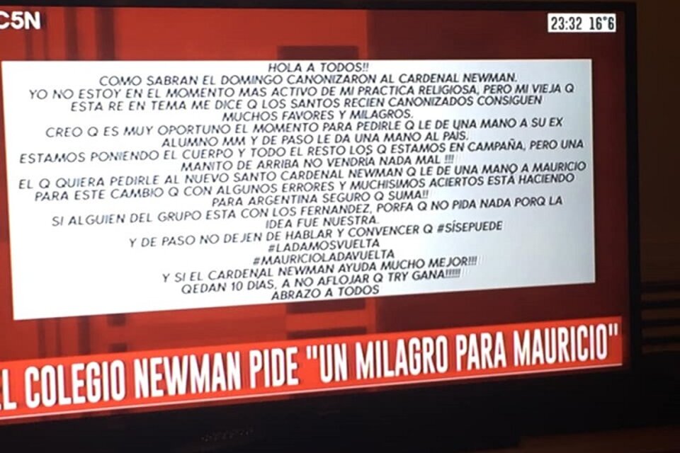 Los amigos de Macri apelan al último santo católico por un milagro (Fuente: Captura de pantalla)