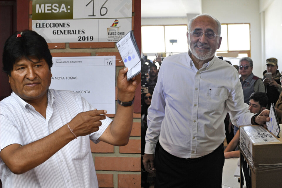 Evo Morales y el opositor Carlos Mesa; faltaba escrutar aún el 16 por ciento de los votos. 