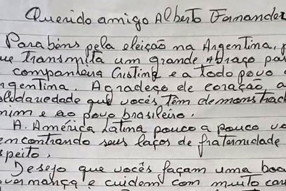 Facsímil de la carta de Lula da Silva a Alberto Fernández.