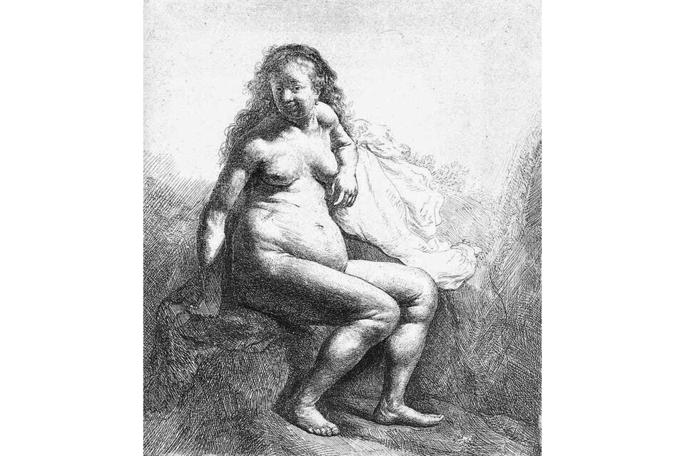 Mujer sentada en un montículo, aguafuerte de Rembrandt