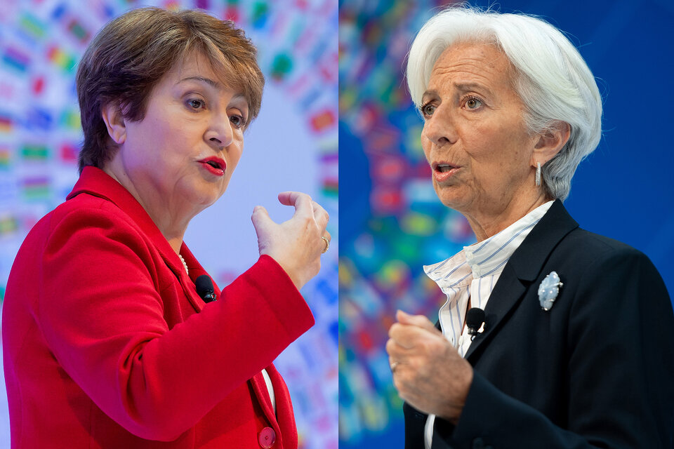 La actual directora del FMI Kirstalina Georgieva y su antecesora Christine Lagarde.