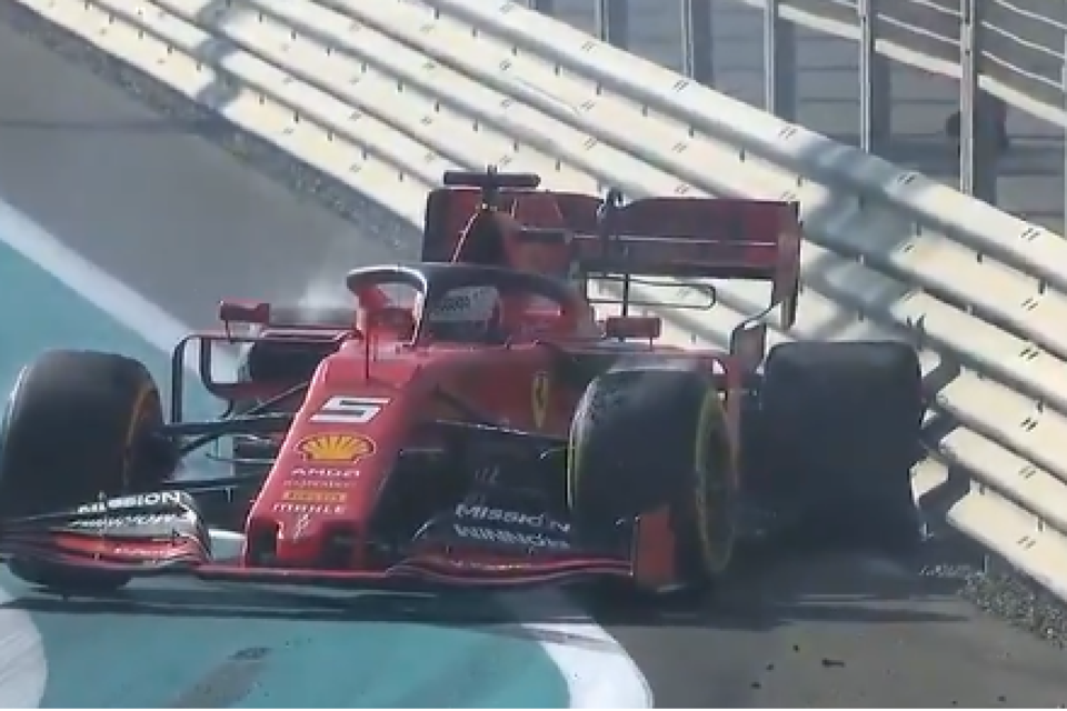 La Ferrari de Vettel choca contra el paredón.