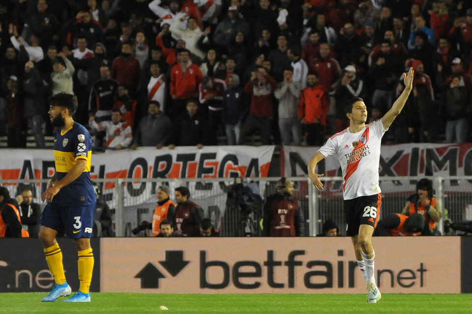 Ignacio Fernández festeja en la Copa Libertadores 2019 su único gol frente a Boca con la camiseta de River. (Fuente: Julio Martín Mancini)