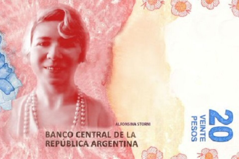 El billete de 20 pesos con la efigie de Alfonsina Storni. (Fuente: Twitter)