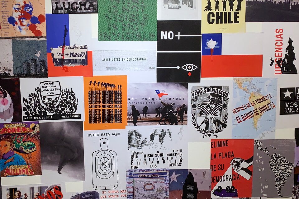 Detalle del conjunto gráfico dedicado a las situación en Chile. Abajo: Obra de Colectiva enredadera.