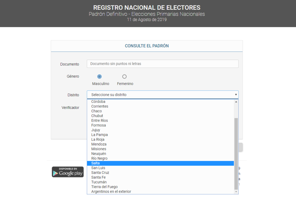 El insólito error en el listado de distritos.