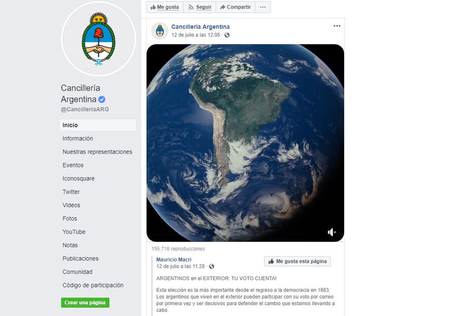 La Cancillería incluyó un mensaje proselitista de Macri en una publicación en Facebook en la que llamó a los argentinos que viven en el exterior a participar de las elecciones.