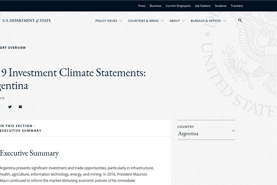 Portada del documento publicado por USDA: informe sobre clima de inversión en Argentina. 