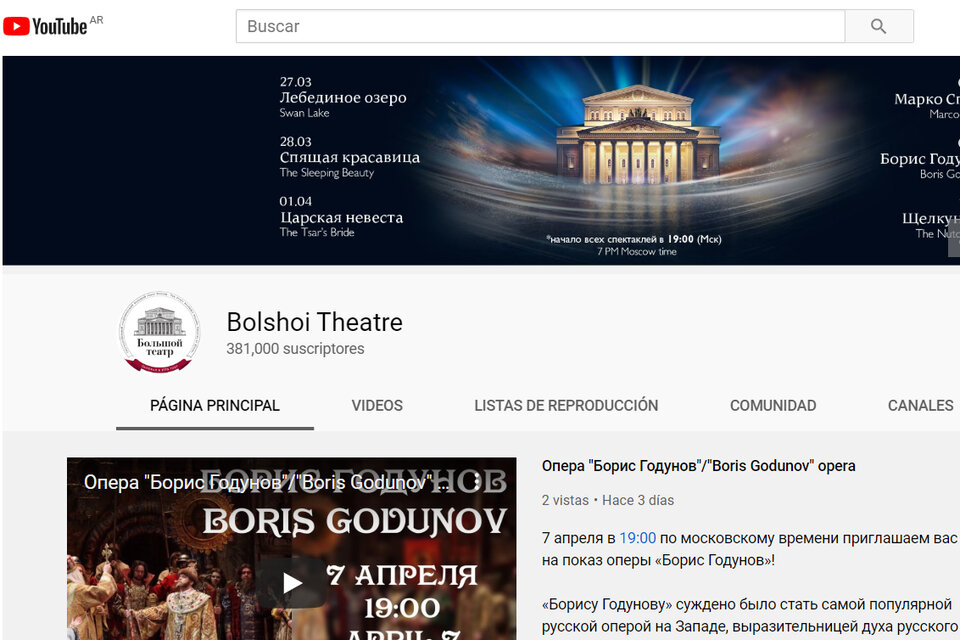 El canal de YouTube del Teatro Bolshoi continúa su temporada 244°.
