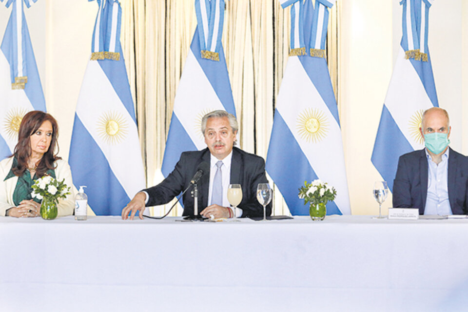 La vicepresidenta Cristina Fernández de Kirchner, el presidente Alberto Fernández y el jefe de Gobierno Rodríguez Larreta.