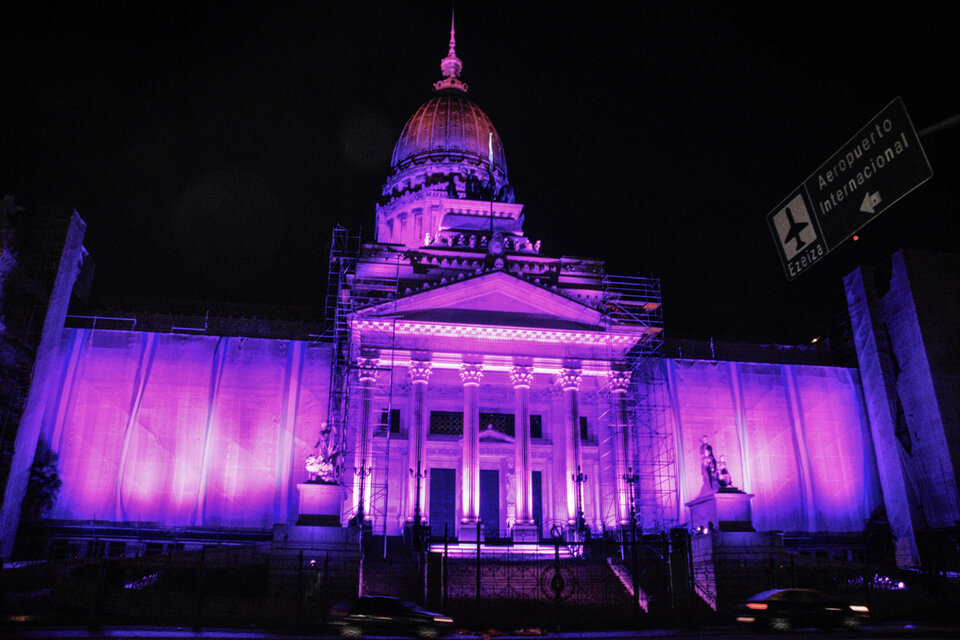 Impresionante, el edificio del Congreso Nacional con los colores de NiUnaMenos. (Fuente: Alejandro Leiva)