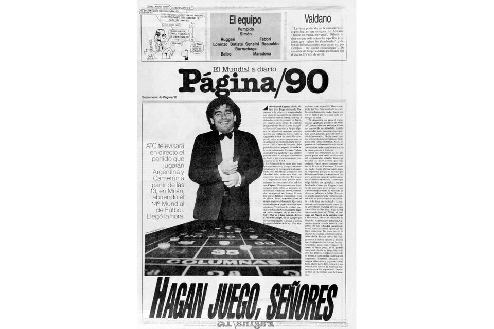 La primera tapa de Página/90, el suplemento de deportes que salió durante el Mundial de Italia.
