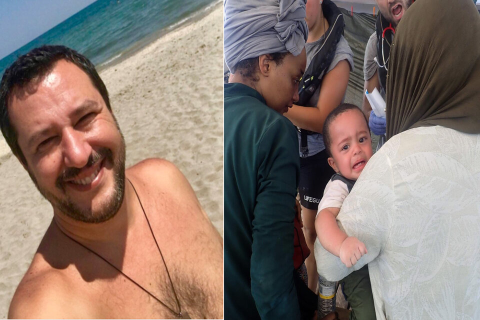 De un lado, Salvini de vacaciones. Del otro, los 121 salvados por la nave española, entre ellos, dos niños.