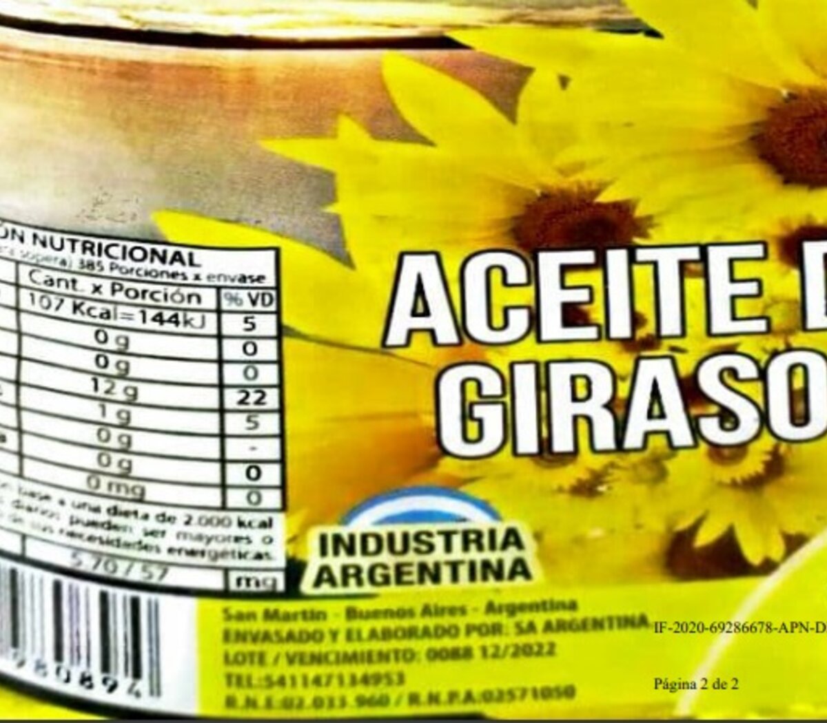 La ANMAT prohibió un aceite de girasol y un medicamento | Los datos del  rotulado eran falsos | Página12