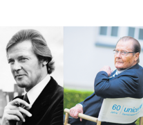 Moore en 1972, cuando se lo anunció como nuevo Bond. El actor en 2013, antes de una conferencia de prensa por sus actividades para Unicef.