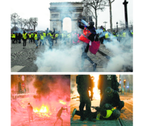 Chalecos amarillos en acción en el Arco del Triunfo y Toulouse (abajo izq.) y manifestante detenido en Bordeaux.