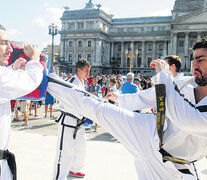 Practicantes de taekwondo frente al Congreso. (Fuente: Alejandro Leiva) (Fuente: Alejandro Leiva) (Fuente: Alejandro Leiva)