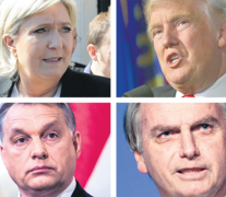 Arriba: la líder del Frente Nacional Marine Le Pen y el mandatario Donald Trump; abajo: el premier húngaro Viktor Orban y el presidente brasileño Bolsonaro.