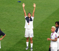 La entrerriana Soledad Jaimes durante los festejos de Olympique Lyon.