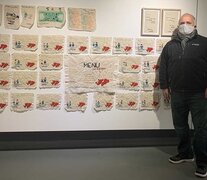 1) Marcelo Calitri, ex combatiente de Malvinas, junto a una obra textil de María Blanco basada en su diario. 2) Obras textiles de Daniela Arnaudo y Daniela Andereggen. 3) Tondo por Daniela Andereggen, con bordado y video de Daniela Arnaudo.