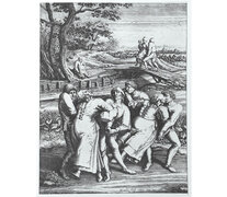 Grabado de Hendrik Hondius que retrata a tres mujeres afectadas por la epidemia de baile. 