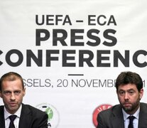 Aleksander Ceferin, presidente de la UEFA, y Andrea Agnelli, líder de la Asociación de Clubes Europeos (ECA). (Fuente: AFP) (Fuente: AFP) (Fuente: AFP)