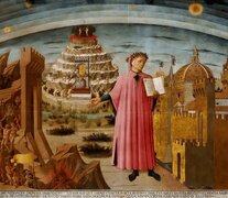 Dante sosteniendo una copia del poema y dando entrada al infierno, de Botticelli.