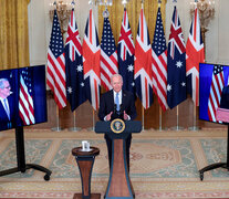 Biden anuncia la firma delpacto desde la Casa Blanca con la presencia virtual de Morrison y Johnson.  (Fuente: AFP) (Fuente: AFP) (Fuente: AFP)