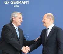 Alberto Fernández y  Olaf Scholz durante la conferencia de prensa en Berlín, a comienzos de mayo. 