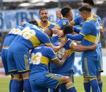 Boca festeja el gol de Fabra, para la apertura del marcador. (Fuente: Fotobaires) (Fuente: Fotobaires) (Fuente: Fotobaires)