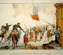 La barricada de la Place Blanche defendida por mujeres, litografía de Hector Moloch