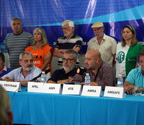 La intersindical en conferencia de prensa en la sede de Amsafe.