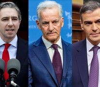 Simon Harris,Primer Ministro de Irlanda, Jonas Gahr, Primer Ministro de Noruega y Pedro Sánchez, presidente de España. (Fuente: AFP) (Fuente: AFP) (Fuente: AFP)