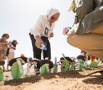 Nora Cortiñas regando simbólicamente el  proyecto &amp;quot;Por Cada Mina Una Flor&amp;quot;, del artista saharaui Moulud Yeslem, en las próximidades del Muro de la Vergüenza.  (Fuente: Carlos Cazurro) (Fuente: Carlos Cazurro) (Fuente: Carlos Cazurro)