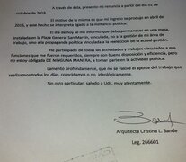 La carta de renuncia de la arquitecta Bande.