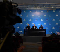 La conferencia de prensa del presidente, junto a Horacio Rodríguez Larreta y Axel Kicillof. (Fuente: Télam) (Fuente: Télam) (Fuente: Télam)