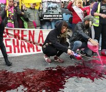 Frente al Congreso, las organizaciones animalistas protestan con sangre simbólica. (Fuente: Alejandro Leiva) (Fuente: Alejandro Leiva) (Fuente: Alejandro Leiva)