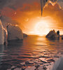 Uno de los planetas, el Trappist-1f, tal como lo imagina la NASA, con océanos y zonas tal vez habitables. (Fuente: EFE)